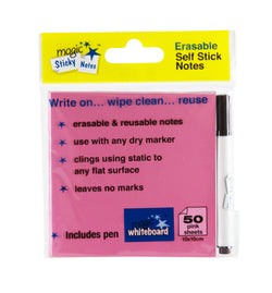 Magic Whiteboard Sticky Notes Pad PINK 50 Sheets (4”x4”) Portable Dry-Erase Surface (MW1353)